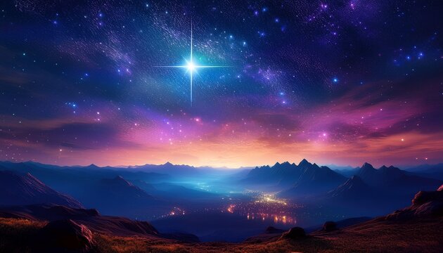 Un Paisaje Hermoso De La Naturaleza De Noche Con Un Cielo Estrellado Y Una Estrella Mayor Iluminando El Cielo Resplandeciente Al Horizonte De Las Montanas En La Tierra