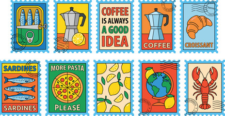 Collection of colorful retro postage stamps featuring food travel and Italian lifestyle theme vector illustrations © IconicCreations