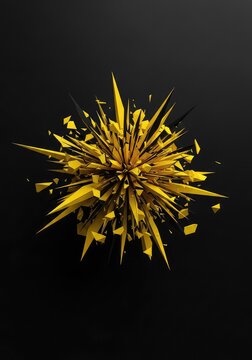 A powerful composition of exploding geometric forms in stark yellow and black, depicting a sense of intense fragmentation and kinetic energy, futuristic, black, force