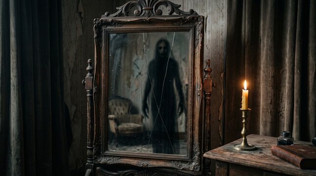 Ancient Cursed Mirror Reflecting a Terrifying Shadow Figure in Candlelight