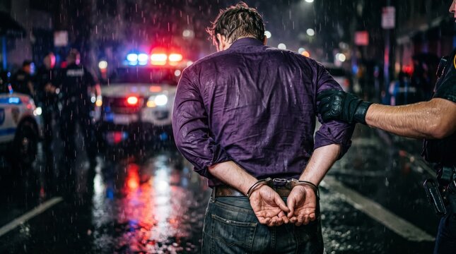 Police officer arresting man in handcuffs on street at night in heavy rain with flashing siren lights