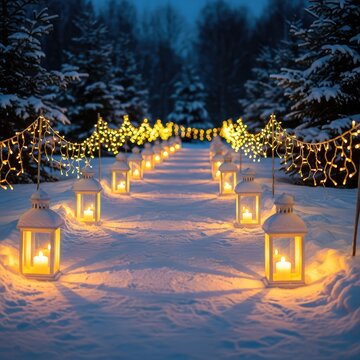 A row of snow-covered lanterns casts a warm golden glow along a serene winter path, enhanced by twinkling lights and a cozy holiday mood, landscape, holiday, bright