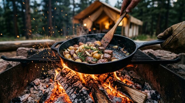A person stirs potatoes and meat with rosemary in a skillet over a campfire.