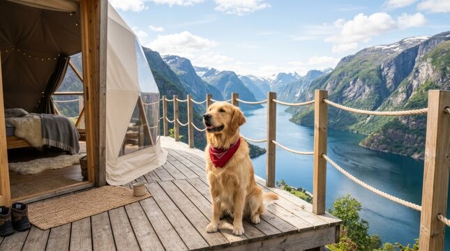Golden retriever sits on a wooden deck overlooking a mountain fjord.