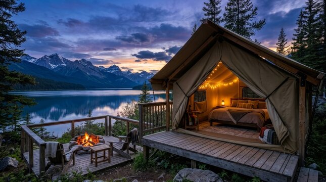A cozy tent glows from inside on a wooden deck beside a lake and mountains.