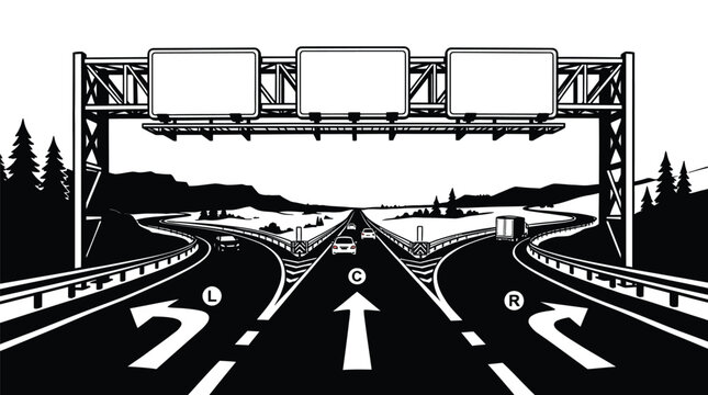 Black and white vector illustration showing a three way highway junction with empty directional signs