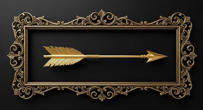 A sophisticated golden arrow rests within an ornate metallic frame, featuring intricate filigree details against a solid black backdrop, golden, element, ornate