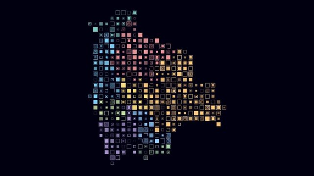 Bolivia map animation. Shape of the country with pulsating colored dots. Large size square blocks. Digital style Bolivia map on dark background. Abstract video.