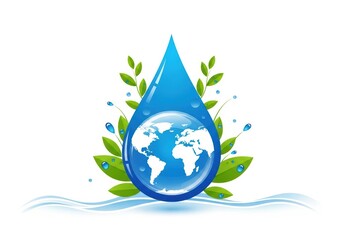 Fototapeta premium Earth globe inside a water droplet with leaves and water splashes