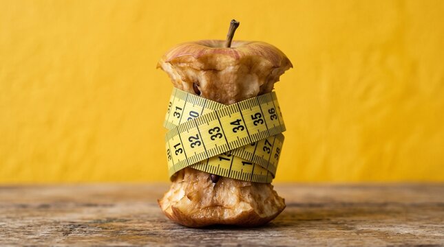 Eaten Apple Core Wrapped in Yellow Measuring Tape for Weight Loss Concept