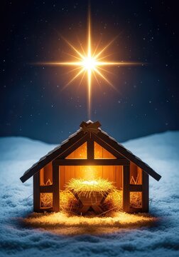 A wooden stable sits under a shining star in a snowy landscape. Golden light glows from within the manger filled with soft dry straw, livestock, frost, spiritual