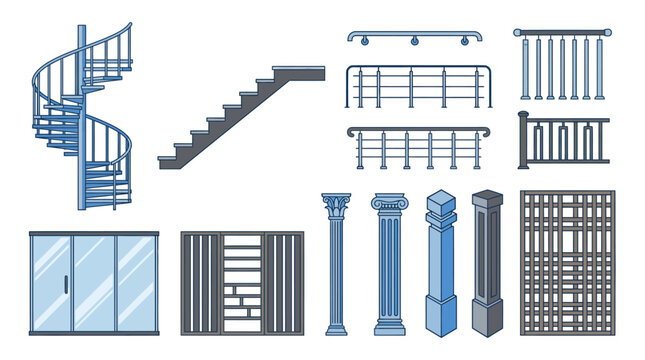 Collection of Architectural Elements Including Columns and Railings.