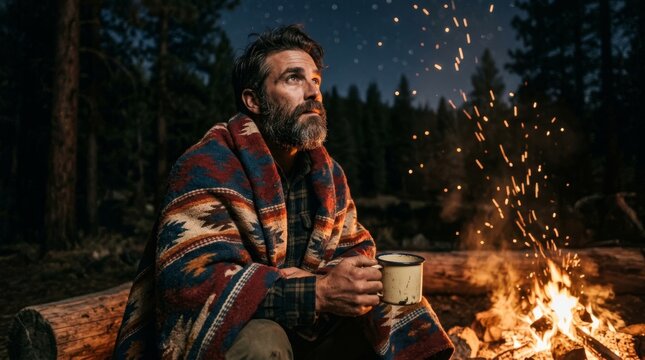A man wearing a patterned blanket sits by a campfire holding a mug.