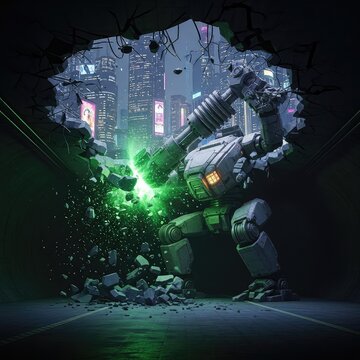 Enormous industrial mech smashes an urban underground tunnel, grinding stone to green particles beneath a moody sci-fi cityscape at night, colossal, machine, industrial