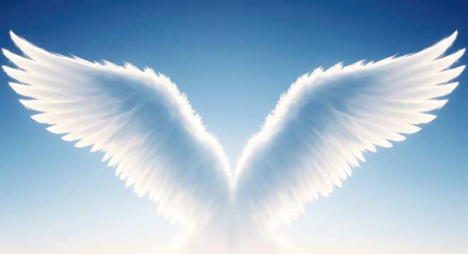 Ethereal white clouds shaped like majestic wings spread across a soft blue gradient sky, creating a peaceful and spiritual abstract scene, nature, abstract, serenity