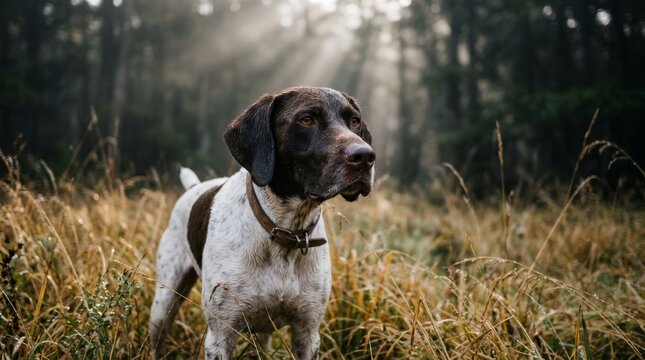 Dog stands in a sunlit field of tall grass near a forest.