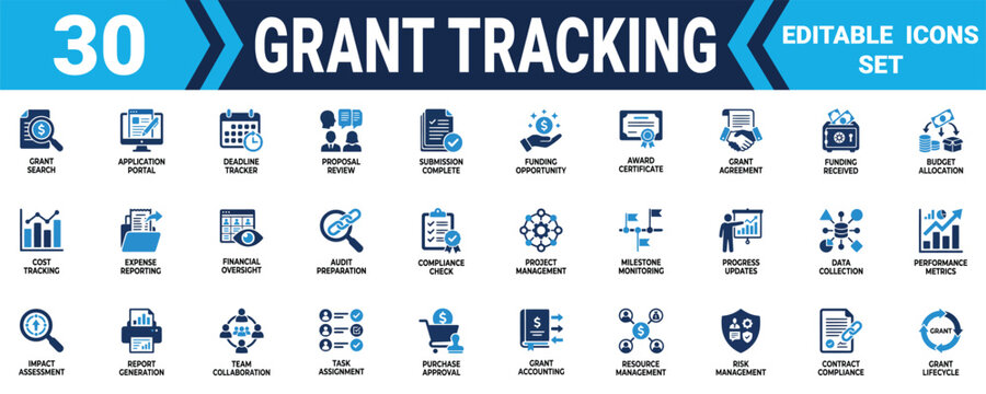 Set of thirty flat design grant tracking and financial management icons for business planning projects Minimal solid fill icon set bundle collection. Editable Vector Illustration Mega pack