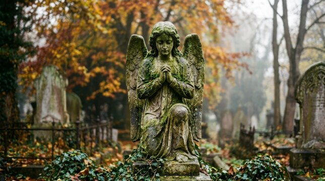 An angel statue prays as moss covers it in autumn cemetery.