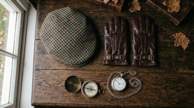 A tweed cap and brown gloves lie with a pocket watch on a wooden table.