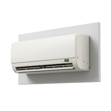 Wall-mounted split air conditioner unit cooling a room. Modern HVAC climate control system with heat pump technology. Mockup on White Background. W...