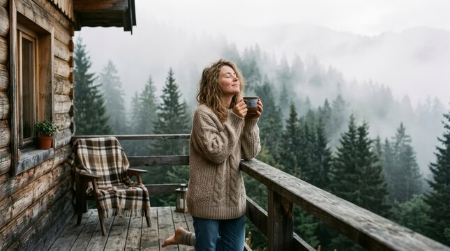 Woman stands on a cabin balcony holding a mug as misty forest surrounds.