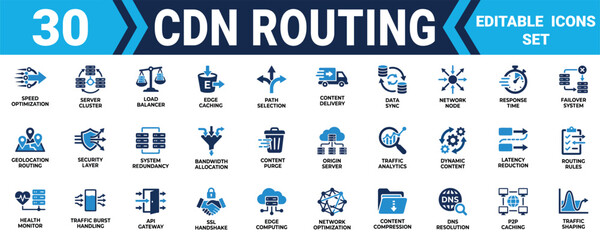 Set of 30 cdn routing and network infrastructure icons for website development and data traffic control Minimal solid fill icon set bundle collection. Editable Vector Illustration Mega pack © Sumon Sorkar