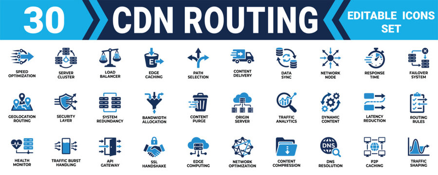 Set of 30 cdn routing and network infrastructure icons for website development and data traffic control Minimal solid fill icon set bundle collection. Editable Vector Illustration Mega pack