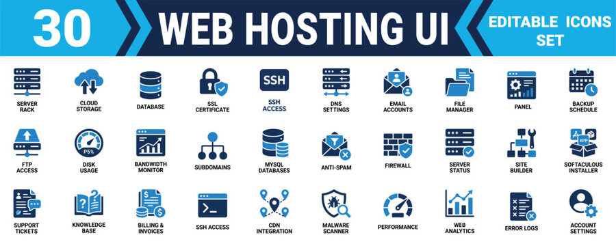 Set of 30 web hosting user interface icons for servers cloud storage database and network management Minimal solid fill icon set bundle collection. Editable Vector Illustration Mega pack