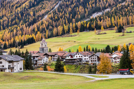 Bergun / Bravuogn- a Swiss grison village with Square Tower, also called Roman Tower in autumn season