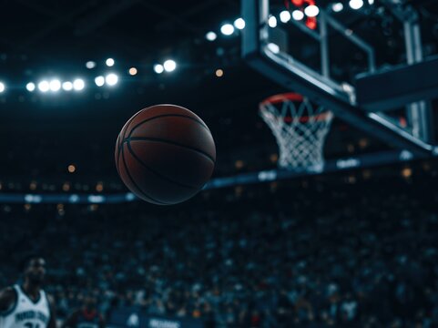 Basketball captured mid air approaching the hoop during a game. Dynamic action photograph with dramatic lighting. Suitable for sports articles, athletic promotions, and event coverage.