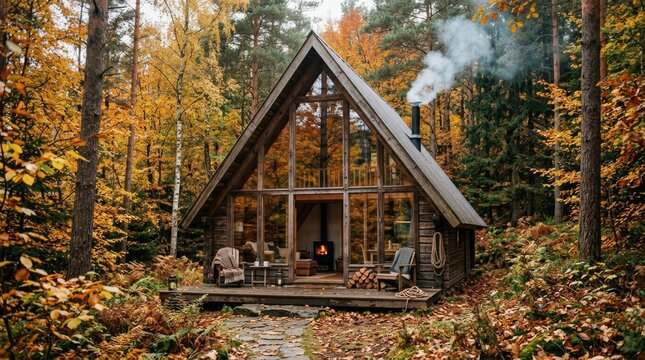 A rustic wooden cabin stands in an autumn forest with smoke rising.