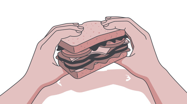 Hands holding large multi-layer sandwich for lunch.