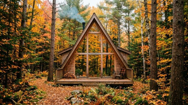 A frame wooden shelter sits among fall trees with smoke from a chimney.