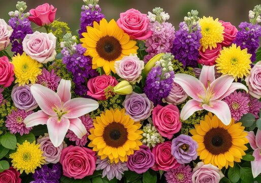 Una trama densa di fiori misti dai colori vivaci come rosa, viola e giallo, disposti in modo armonioso su uno sfondo naturale e soffice, texture, carta da parati, romantico