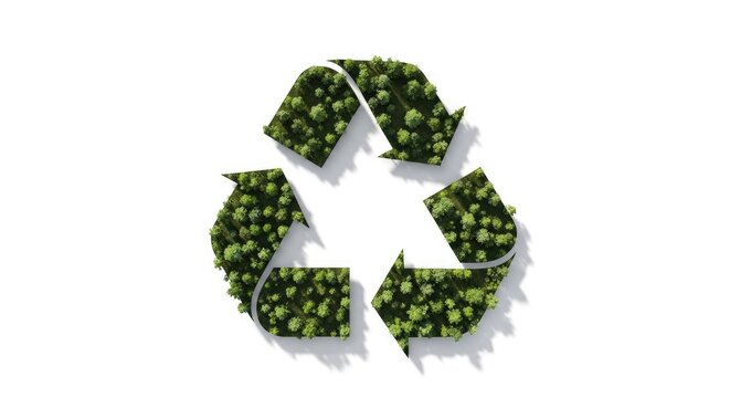 3D recycling icon with moss and leaves on white.