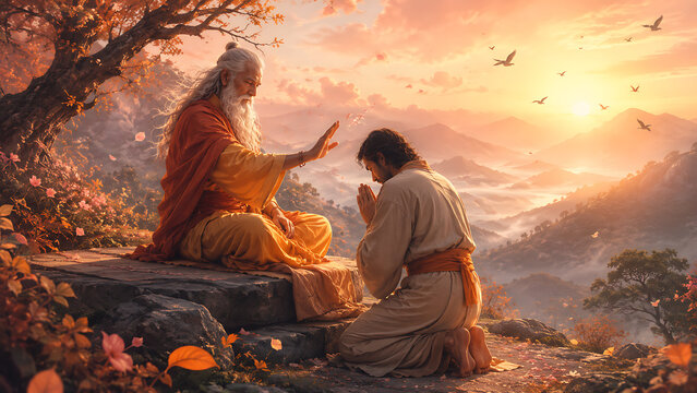 Blessing scene of enlightened guru raising hand over praying disciple during guru purnima hindu religious festival with sunset valley background illustration artwork spiritual