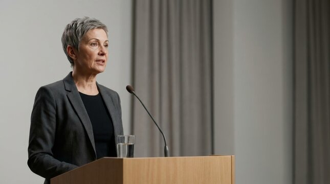 Mature female professional delivering a speech from a wooden podium at a corporate seminar