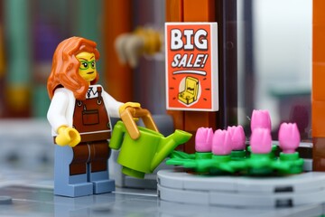 Fototapeta premium Tambov, Russian Federation - June 28, 2026 A Lego woman minifigure with red hair watering pink tulip flowers using a green watering can outside a store with a big sale sign.