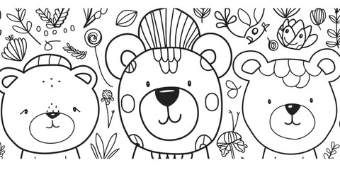 Fototapeta premium Cute cartoon bears in forest coloring page for kids