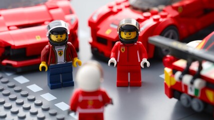 Obraz premium Tambov, Russian Federation - July 12, 2026 Lego Ferrari racing driver minifigures standing on a road plate with red Ferrari sports cars in the background. Lego Speed Champions.