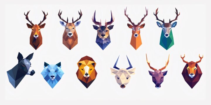 Wild animal heads low poly geometric illustration set