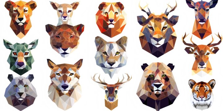 Wild animal heads low poly geometric design set