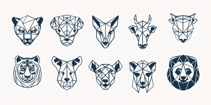 Geometric animal heads mosaic style polygon art set