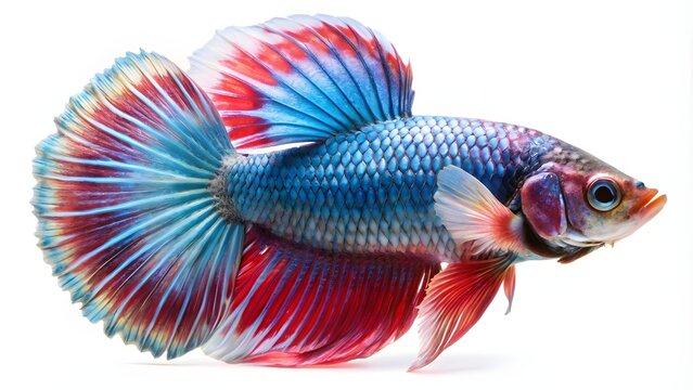 Vibrant blue and red betta fish swimming gracefully. Stunning Siamese fighting fish with flowing fins isolated on white.