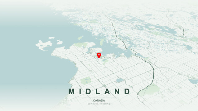 Minimalist vector map of Midland, Ontario. High-quality scalable illustration of Midland geographic boundaries, Georgian Bay and Severn Sound shoreline, Midland Bay and Wye River for posters design.