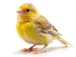 Fototapeta premium Bright yellow canary bird perched on white surface. Vibrant songbird isolated for pet product design and nature illustration.