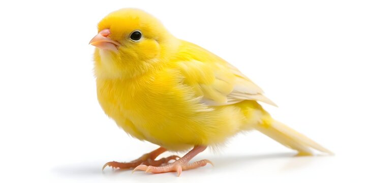 Cute yellow canary bird standing on white surface. Bright pet canary chick isolated on clean background for design.