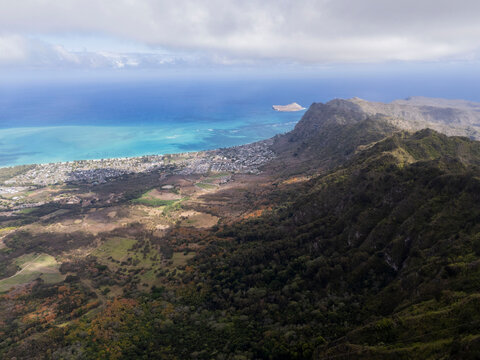 Aerial view of Oahu's coastline and town from the Kuliouou Ridge, Oahu