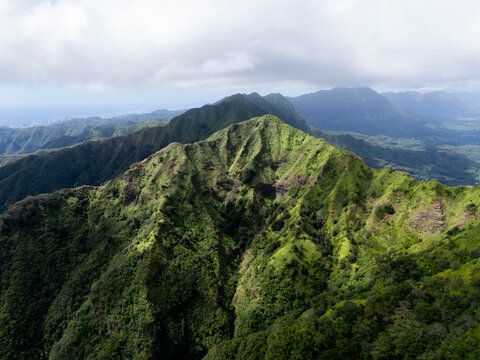 Aerial view of the winding green ridge trail above Honolulu, Oahu