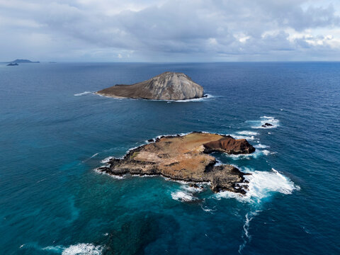 Aerial view of Rabbit Island off the Makapuu coastline at dusk, Oahu
